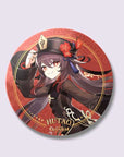 A red Hutao Genshin Impact badge