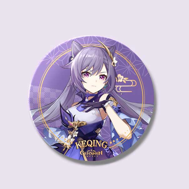 A purple Keqing Genshin Impact badge