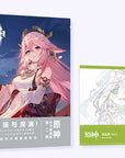 The Genshin Impact art book, volume 2, shown with the Xumi CM short film animation WIP booklet.